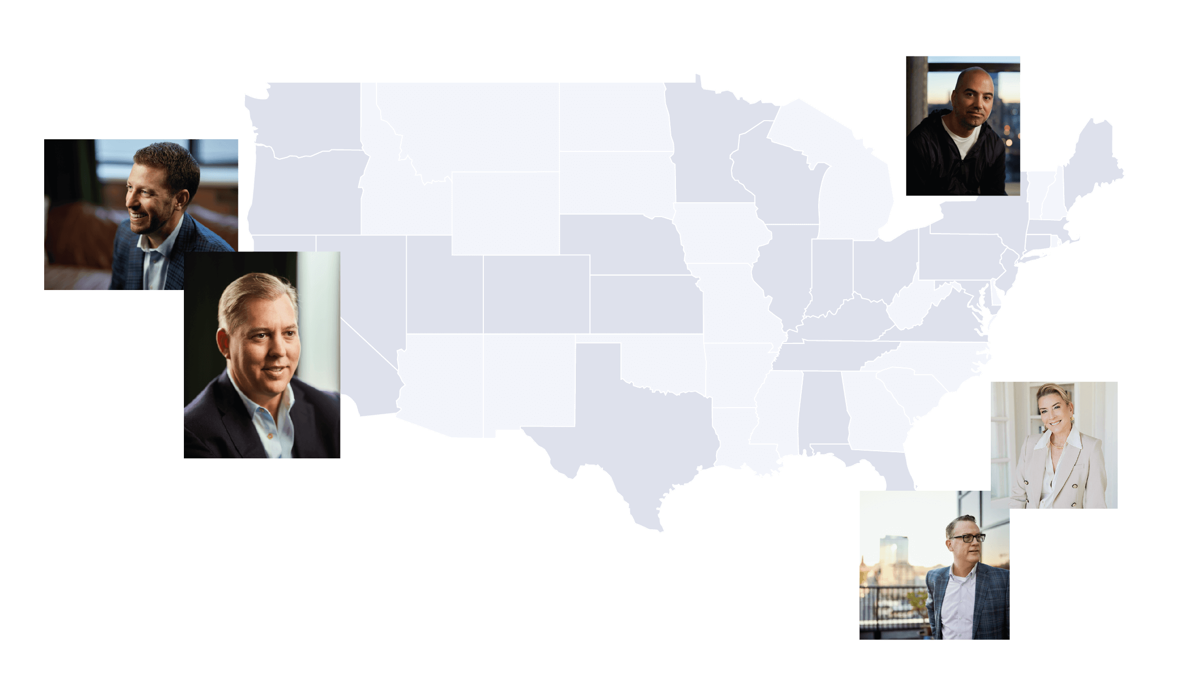 Map of the United States with headshots of different advisors